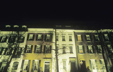 Apartment brownstones at nightのeditorial素材