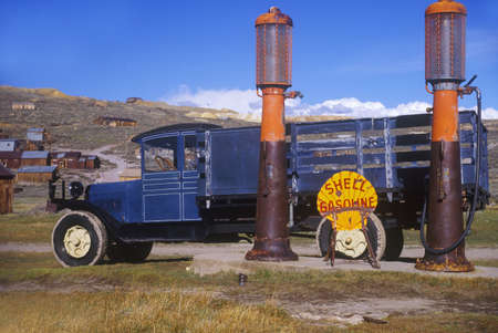 Old truck at abandoned gas station in ghost town of Bodie, CA.