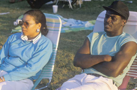 An African-American couple on lawn chairs, Los Angeles, CAのeditorial素材
