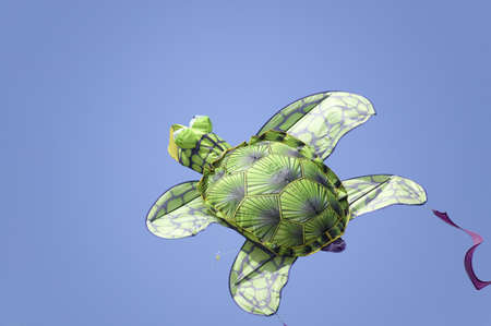 A turtle-shaped kite flying in a deep blue sky on April 15, 2007, at the Santa Barbara Kite Festival, Santa Barbara City College, overlooking Pacific Ocean.のeditorial素材