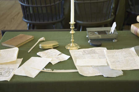 Restored Assembly Room displaying 18th century papers in Independence Hall, Philadelphia, Pennsylvania, one of the meeting places of the Second Continental Congress, where the Declaration of Independence and the Constitution were also debated, adopted, anのeditorial素材