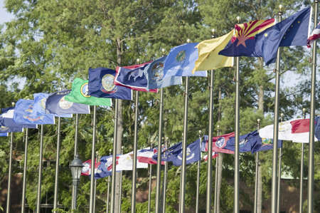 Fifty state flags flying in front of Jamestown Settlement, Jamestown, Virginiaのeditorial素材