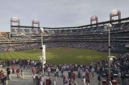 Panoramic view of 29,183 baseball fans at Citizens Bank Park, Philadelphia, PA, who are watching...