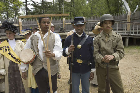 Past and present African American soldiers posing as part of the 400th anniversary of the Jamestown Colony, Virginia, attended by Her Majesty Queen Elizabeth II at the James Fort, Jamestown Settlement, May 4, 2007のeditorial素材
