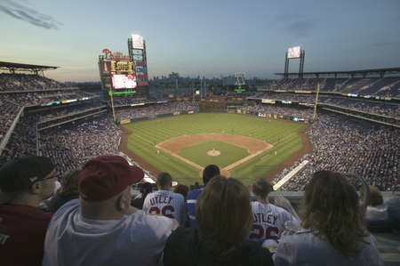 Fans in top row are part of the 29,183 baseball fans at Citizens Bank Park, Philadelphia, PA, watching the Philadelphia Phillies beat the Milwaukee Brewers by a score of 8 to 6 on May 14, 2007のeditorial素材