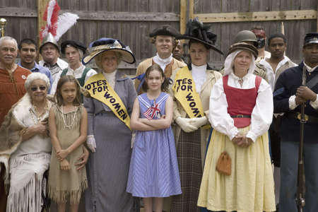 Panoramic portrait of past and present Americans as they stand in the James Fort, Jamestown Settlement, as part of the 400th Anniversary of Jamestown Colony, Virginia, on May 4, 2007のeditorial素材