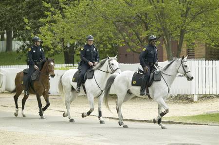 Police on horseback awaiting the arrival of Her Majesty Queen Elizabeth II on May 4, 2007 in...