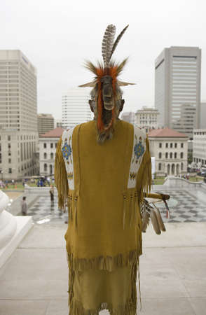 American Indian and Powhatan Tribal member, looking over Richmond Virginia from State Capitol during ceremonies for the 400th Anniversary of the Jamestown Settlement on May 3, 2007のeditorial素材
