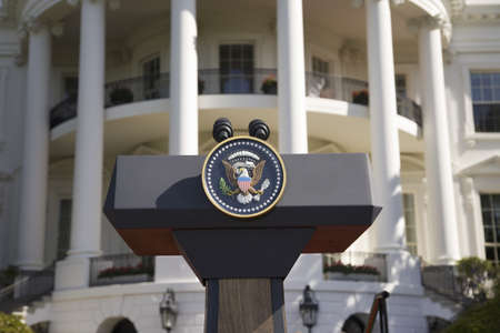Presidential Seal on podium in front of the South Portico of the White House, the Truman Balcony, in Washington, DC on May 7, 2007, in preparation for the visit of Her Majesty Queen Elizabeth II and President George W. Bushのeditorial素材