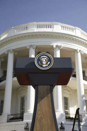 Presidential Seal on podium in front of the South Portico of the White House, the Truman Balcony, in Washington, DC on May 7, 2007, in preparation for the visit of Her Majesty Queen Elizabeth II and President George W. Bushのeditorial素材