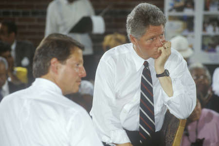Governor Bill Clinton and Senator Al Gore at the Louis Stokes Day Care Center during the 1992 Buscapade campaign tour in East Cleveland, Ohioのeditorial素材
