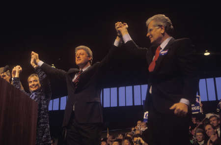 Governor Bill Clinton and Governor Roy Romer at a Denver campaign rally in 1992 on his final day of campaigning in Denver, Coloradoのeditorial素材