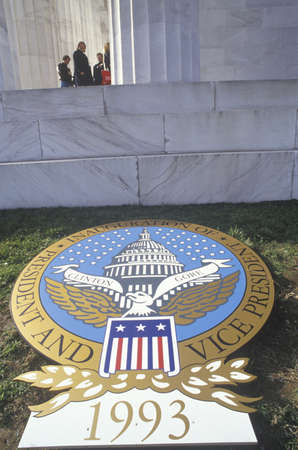 Presidential Seal bears announcement of Bill Clinton's Inauguration Day January 20, 1993 in Washington, DCのeditorial素材
