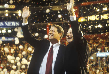Former Vice President Al Gore and Senator Joe Lieberman's acceptance speech at the 2000 Democratic Convention at the Staples Center, Los Angeles, CA のeditorial素材