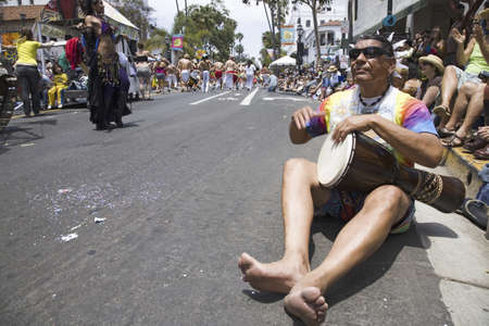 Hippy drummer at annual Summer Solstice Celebration and Parade June 2007, since 1974, Santa Barbara, Californiaのeditorial素材