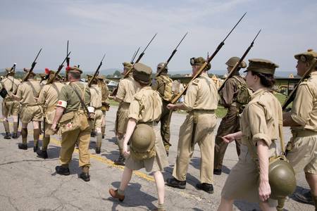 World War II reenactment of marching troops of Great Britain at Mid-Atlantic Air Museum World War II...