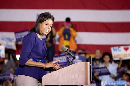 Michelle Obama speaking in front of African American audience during Barack Obama Presidential Rally, October 29, 2008 in Rocky Mount High School, North Carolinaのeditorial素材