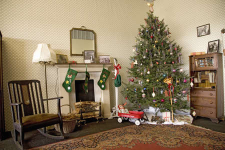 Reenactment of World War II home living room decorated with 1940s Christmas tree and accessories at Mid-Atlantic Air Museum World War II Weekend and Reenactment in Reading, PA held June 18, 2008のeditorial素材