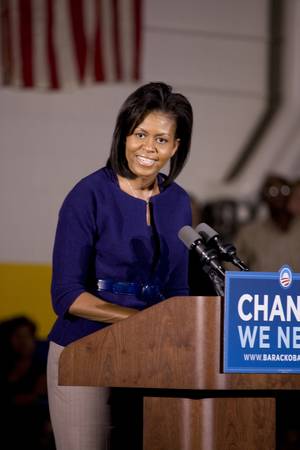 Michelle Obama speaking in front of African American audience during Barack Obama Presidential Rally, October 29, 2008 in Rocky Mount High School, North Carolinaのeditorial素材