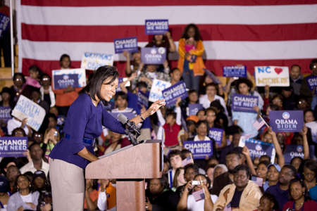 Michelle Obama speaking in front of African American audience during Barack Obama Presidential Rally, October 29, 2008 in Rocky Mount High School, North Carolinaのeditorial素材