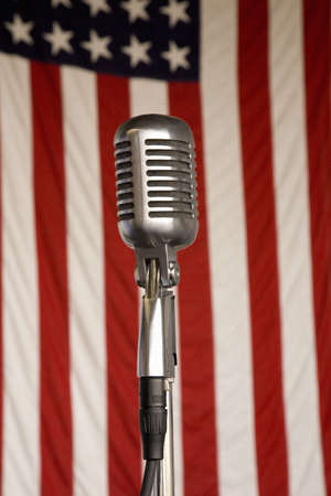 1940s vintage radio microphone and 48 star American flag at Mid-Atlantic Air Museum World War II Weekend and Reenactment in Reading, PA held June 18, 2008のeditorial素材
