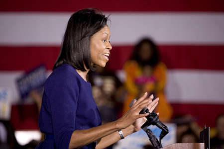 Michelle Obama speaking in front of African American audience during Barack Obama Presidential Rally, October 29, 2008 in Rocky Mount High School, North Carolinaのeditorial素材