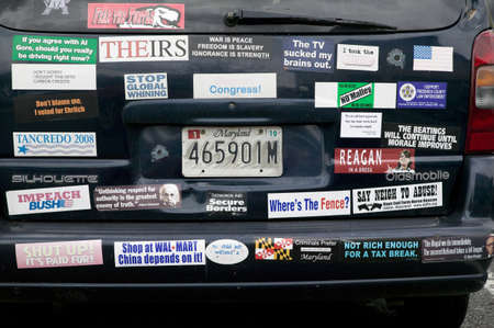Bumper stickers that support liberal issues in North Carolina, Presidential rally, October 29, 2008 at Halifax Mall, Government Complex in Raleigh, NCのeditorial素材