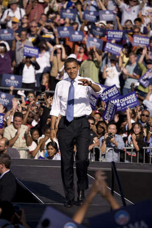 US Senator Barack Obama waving to crowd at Early Vote for Change Presidential rally, October 25, 2008 at Bonanza High School, Judy K. Cameron Stadium in Las Vegas, NVのeditorial素材