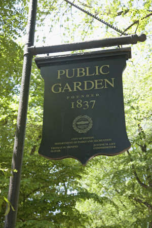 Sign reads Public Garden Founded 1837, Boston Commons, Boston, MA., New England, USAのeditorial素材