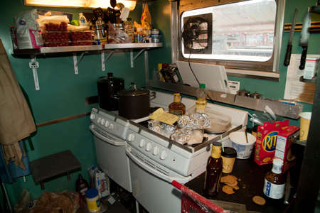 Kitchen interior on the Pearl Harbor Day Troop 1940's Train e-enactment from Los Angeles Union Station to San Diegoのeditorial素材