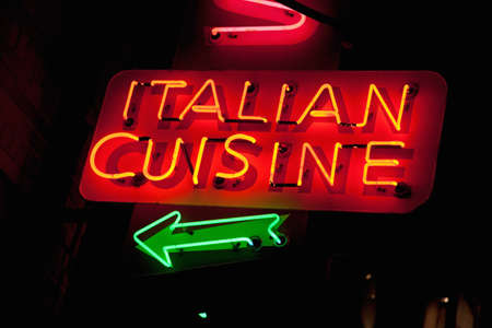Neon light sign for an Italian restaurant in Boston, MA の写真素材