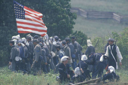 Historical reenactment of the Battle of Manassas, marking the beginning of the Civil War, Virginiaのeditorial素材