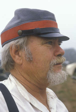 Portrait of Confederate participant in camp scene during recreation of Battle of Manassas, Virginia marking the beginning of the Civil Warのeditorial素材