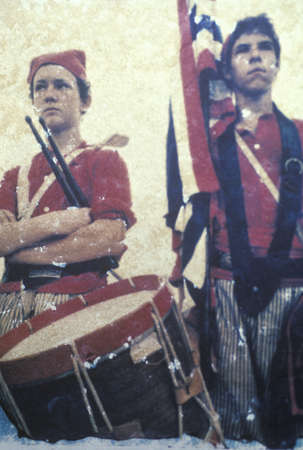Polaroid Transfer of drummer boys and flag bearer during Civil War reenactment of Battle of Bull Runのeditorial素材
