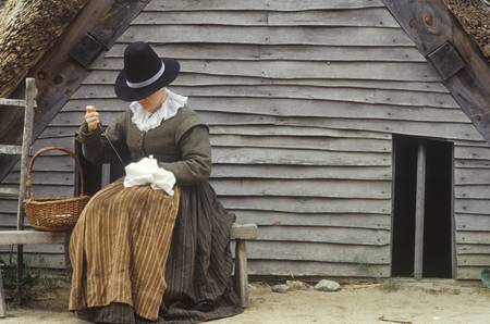 Living history reenactment of Pilgrims on Plymouth Plantation, Plymouth, Massachusettsのeditorial素材