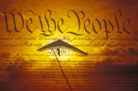 Special effects image of Declaration of Independence with superimposed paragliderのeditorial素材