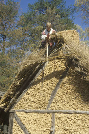 Participant working on thatched roof in historic Jamestown, Virginia, site of the first English Colonyのeditorial素材