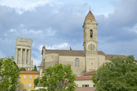 Town of La Turbie with Trophee des Alpes and church, Franceのeditorial素材