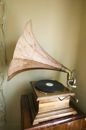Interior view of antique record player with megaphone in Casa Mila by Antoni Gaudi, built between 1905-1911, Barcelona, Spainのeditorial素材