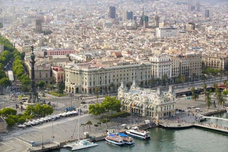 Aerial view of La Rambla near the waterfront with Columbus statue in Barcelona, Spainのeditorial素材