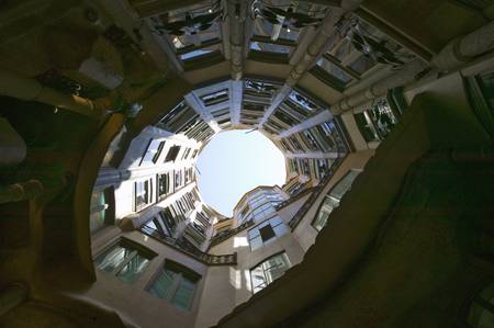 Looking up at apartment windows of Casa Mila by Antoni Gaudi, built between 1905-1911, Barcelona, Spainのeditorial素材