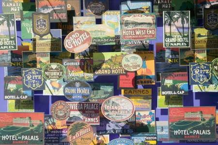 Antique travel post cards are seen three dimensionally in window in Barcelona, Spainのeditorial素材