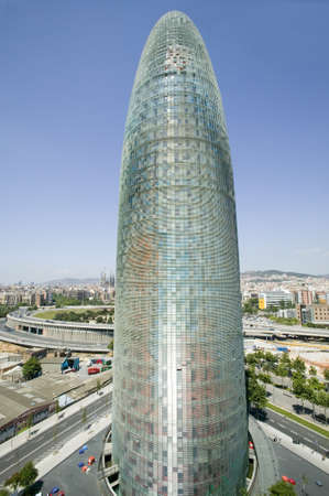 Day view of phallic-shaped Torre Agbar or Agbar Tower in Barcelona, Spain, designed by Jean Nouvel,...