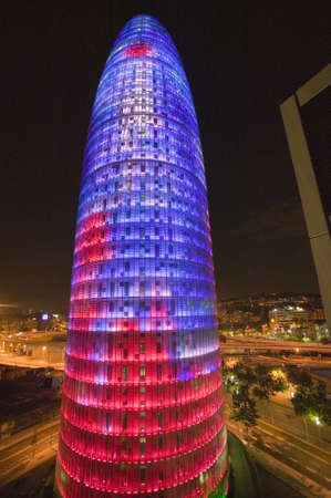 Night view of phallic-shaped Torre Agbar or Abbar Tower in Barcelona, Spain, designed by Jean Novel, September 2006のeditorial素材