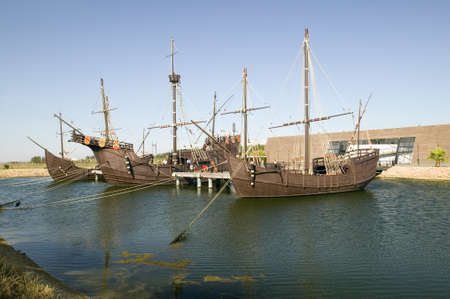 Full size replicas of Christopher Columbus' ships, the Santa Maria, the Pinta or the Nia at Muelle de las Carabelas, Palos de la Frontera - La Rbida, the Huelva Provence of Andalucia and Southern Spain, the site where Columbus departed from the Old Worlのeditorial素材