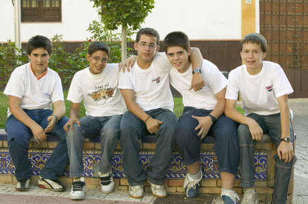 Group of smiling boys in village of Southern Spain off highway A49 west of Sevillaのeditorial素材