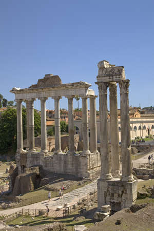 Temple of Saturn and Temple of Vespasian at Roman Forum seen from the Capitol, ancient Roman ruins, Rome, Italy, Europeのeditorial素材