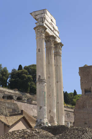 Temple of Castor & Pollux at Roman Forum seen from the Capitol, ancient Roman ruins, Rome, Italy, Europeのeditorial素材