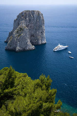 Elevated view of blue waters of the City of Capri, an Italian island off the Sorrentine Peninsula on the south side of Gulf of Naples, in the region of Campania, Province of Naples, Italy, Europeのeditorial素材