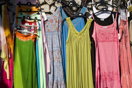 Summer dresses hanging in sunlight in Capri, Italy, Europeのeditorial素材